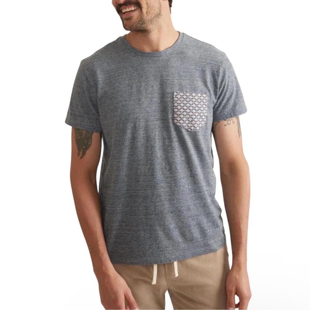 NWT Marine Layer Signature Crew Pocket Tee Denim Neps